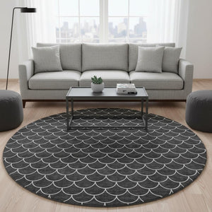 HomeRoots 8' Black And Ivory Geometric Round Rug - Washable, UV Protected, Durable & Stylish for Busy Homes 674146