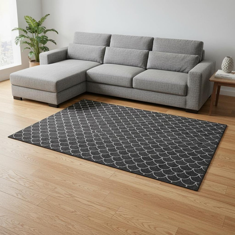 HomeRoots 8' X 10' Black and Ivory Geometric Area Rug - Stylish, Washable, UV-Protected for Modern Homes 674147