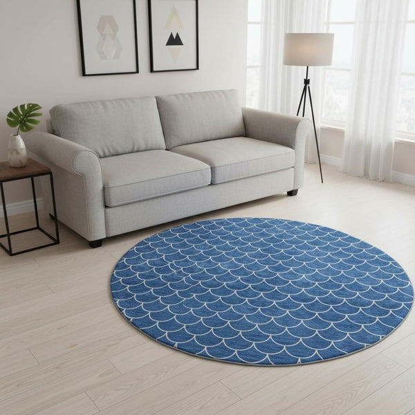 HomeRoots 8' Blue And Ivory Geometric Round Rug - Washable, UV Protected, Durable Design for Modern Spaces 674152
