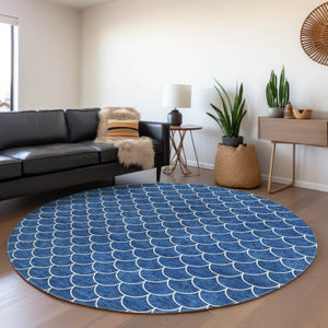 HomeRoots 8' Blue And Ivory Geometric Round Rug - Washable, UV Protected, Durable Design for Modern Spaces 674152