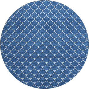 HomeRoots 8' Blue And Ivory Geometric Round Rug - Washable, UV Protected, Durable Design for Modern Spaces 674152