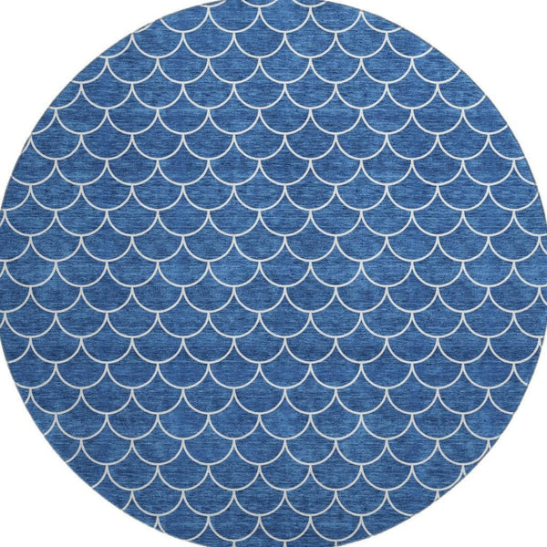 HomeRoots 8' Blue And Ivory Geometric Round Rug - Washable, UV Protected, Durable Design for Modern Spaces 674152