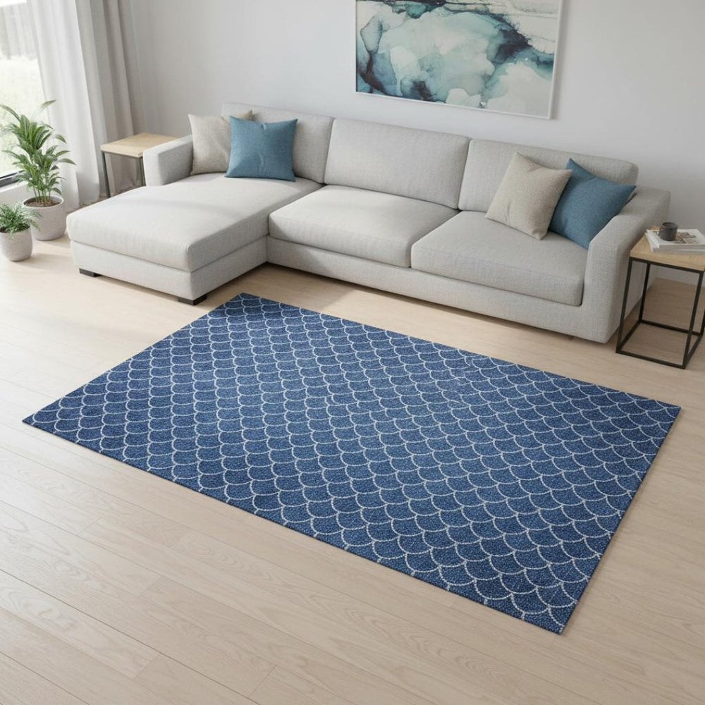 HomeRoots 8' X 10' Stylish Blue and Ivory Geometric Area Rug - Washable, UV Protected, Perfect for High Traffic Spaces 674153