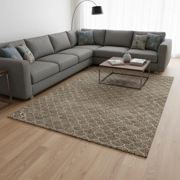 HomeRoots 9' X 12' Washable Brown and Ivory Geometric Area Rug with UV Protection for High-Traffic Spaces 674160