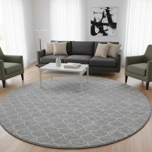 HomeRoots 8' Gray and Ivory Geometric Round Rug - Washable, UV-Protected, Durable for High-Traffic Areas 674164