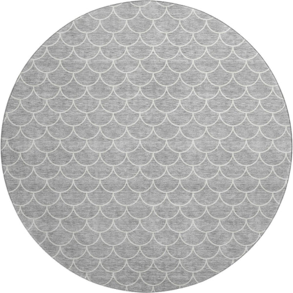 HomeRoots 8' Gray and Ivory Geometric Round Rug - Washable, UV-Protected, Durable for High-Traffic Areas 674164