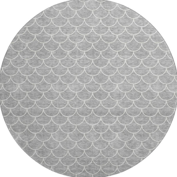 HomeRoots 8' Gray and Ivory Geometric Round Rug - Washable, UV-Protected, Durable for High-Traffic Areas 674164
