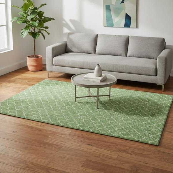 HomeRoots 5' X 8' Green And Ivory Geometric Area Rug - Washable, UV Protected, Stylish & Durable for Any Space 674169
