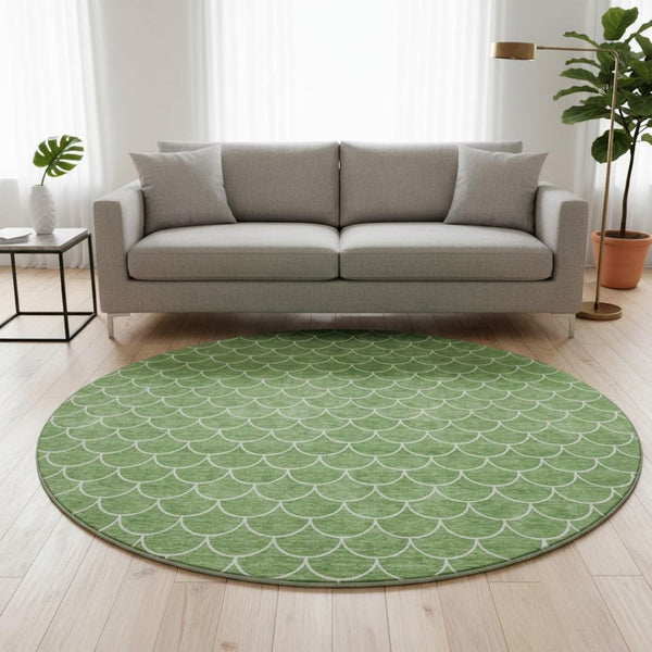 HomeRoots 8' Green and Ivory Geometric Round Rug - Washable, UV-Protected, Stylish & Durable for High-Traffic Areas 674170