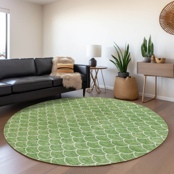 HomeRoots 8' Green and Ivory Geometric Round Rug - Washable, UV-Protected, Stylish & Durable for High-Traffic Areas 674170
