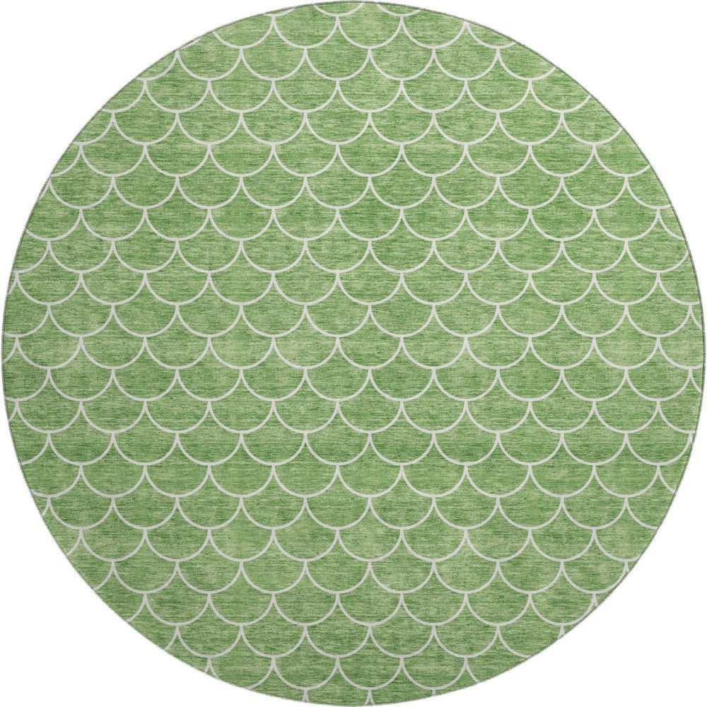HomeRoots 8' Green and Ivory Geometric Round Rug - Washable, UV-Protected, Stylish & Durable for High-Traffic Areas 674170