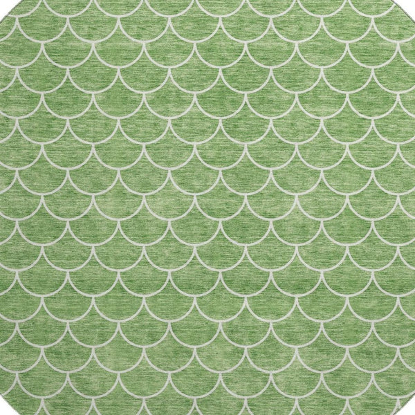 HomeRoots 8' Green and Ivory Geometric Round Rug - Washable, UV-Protected, Stylish & Durable for High-Traffic Areas 674170