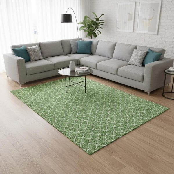 HomeRoots 9' X 12' Green and Ivory Geometric Area Rug - Washable, UV Resistant, Perfect for Modern Spaces! 674172