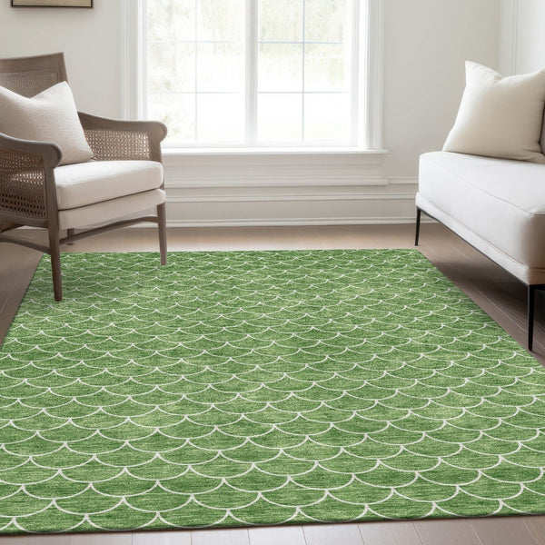 HomeRoots 9' X 12' Green and Ivory Geometric Area Rug - Washable, UV Resistant, Perfect for Modern Spaces! 674172