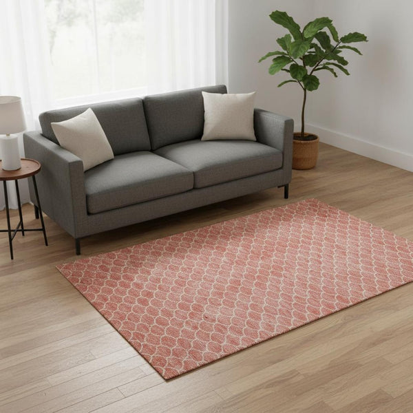HomeRoots 5' X 8' Salmon and Ivory Geometric Area Rug – Machine Washable, UV Protected, Stain Resistant Design 674181
