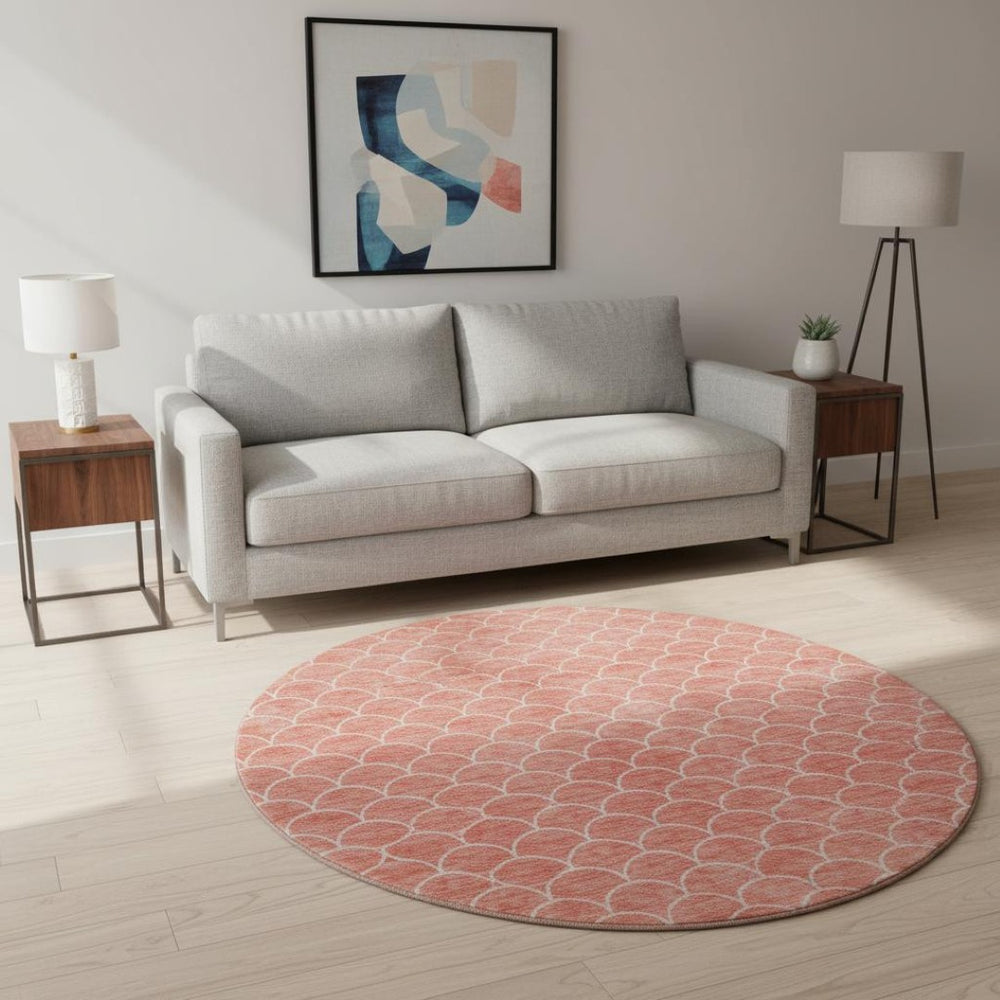 HomeRoots 8' Salmon and Ivory Geometric Round Rug - Stylish, Washable, UV-Protected, Ideal for Busy Homes 674182