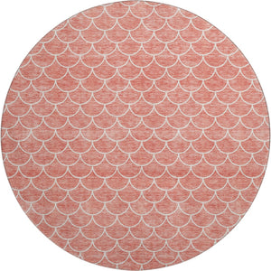 HomeRoots 8' Salmon and Ivory Geometric Round Rug - Stylish, Washable, UV-Protected, Ideal for Busy Homes 674182