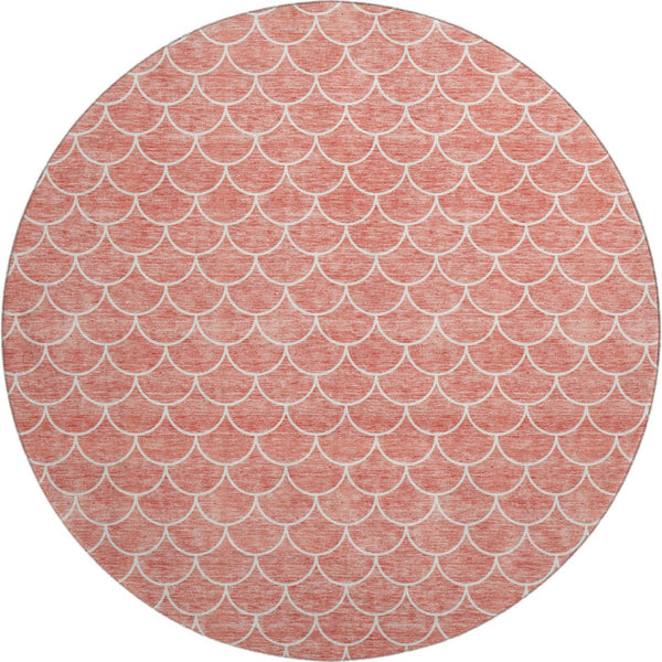 HomeRoots 8' Salmon and Ivory Geometric Round Rug - Stylish, Washable, UV-Protected, Ideal for Busy Homes 674182