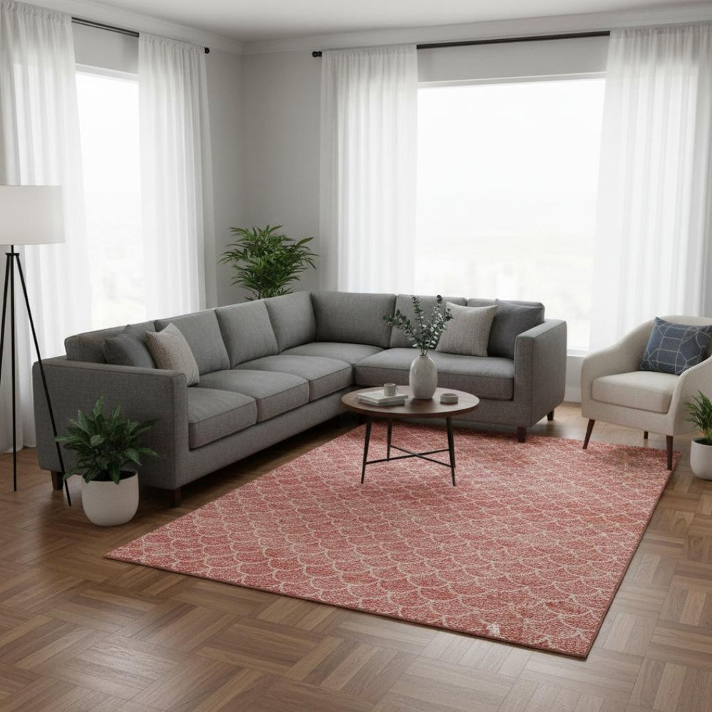 HomeRoots 10' X 14' Salmon & Ivory Geometric Washable Area Rug - Durable, Stain Resistant & UV Protected Design 674185