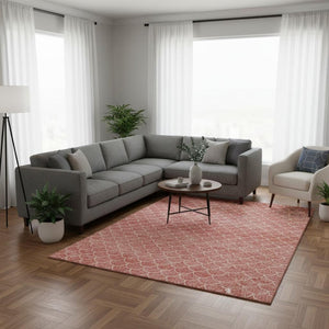 HomeRoots 10' X 14' Salmon & Ivory Geometric Washable Area Rug - Durable, Stain Resistant & UV Protected Design 674185