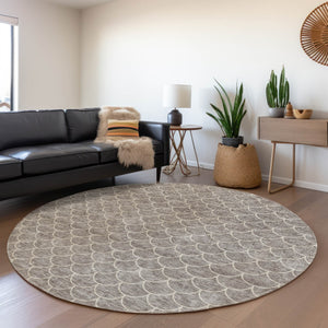 HomeRoots 8' Taupe and Ivory Geometric Round Rug - Washable, UV-Protected, Stain-Resistant, Modern Design! 674188