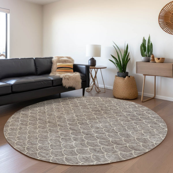 HomeRoots 8' Taupe and Ivory Geometric Round Rug - Washable, UV-Protected, Stain-Resistant, Modern Design! 674188