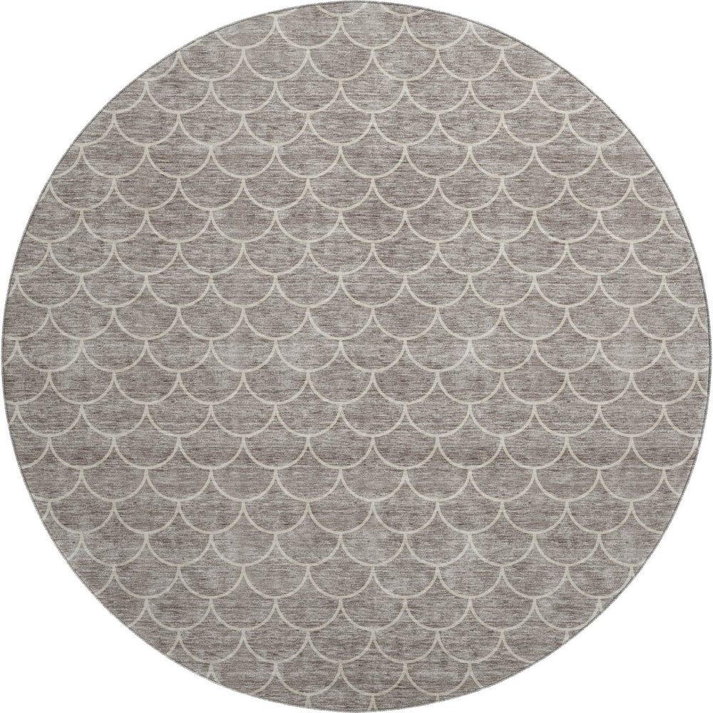 HomeRoots 8' Taupe and Ivory Geometric Round Rug - Washable, UV-Protected, Stain-Resistant, Modern Design! 674188