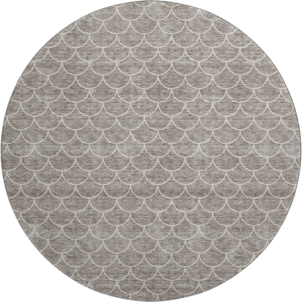 HomeRoots 8' Taupe and Ivory Geometric Round Rug - Washable, UV-Protected, Stain-Resistant, Modern Design! 674188