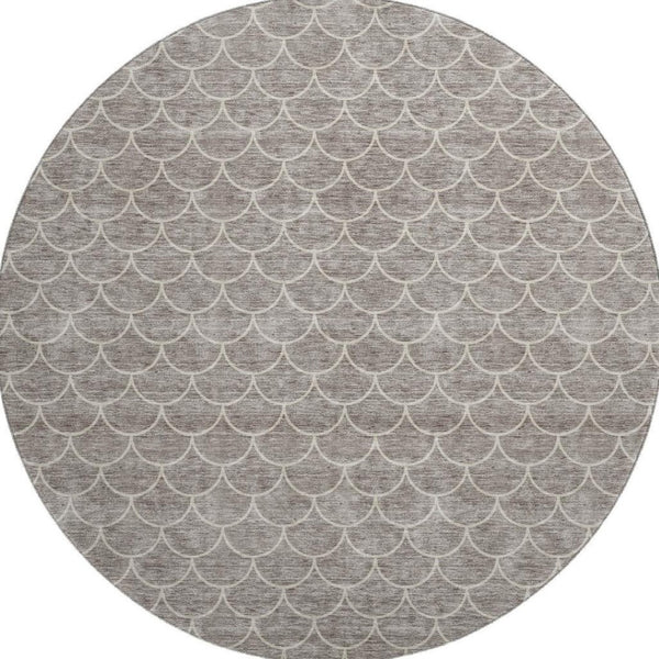 HomeRoots 8' Taupe and Ivory Geometric Round Rug - Washable, UV-Protected, Stain-Resistant, Modern Design! 674188