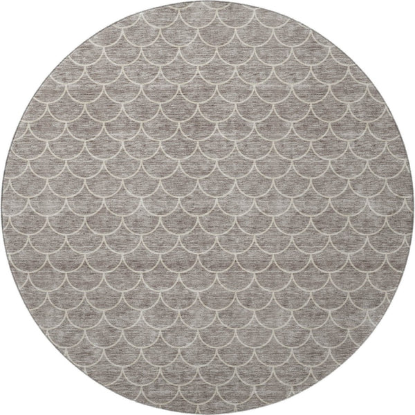 HomeRoots 8' Taupe and Ivory Geometric Round Rug - Washable, UV-Protected, Stain-Resistant, Modern Design! 674188
