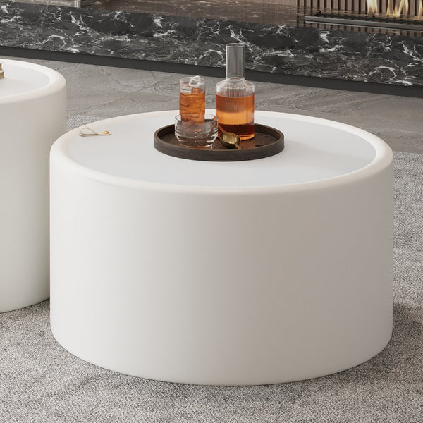 English Elm Black Round Coffee Table Pu Leather Cylindrical Base Tempered Glass Top Hidden Storage Cream White W3081P442381