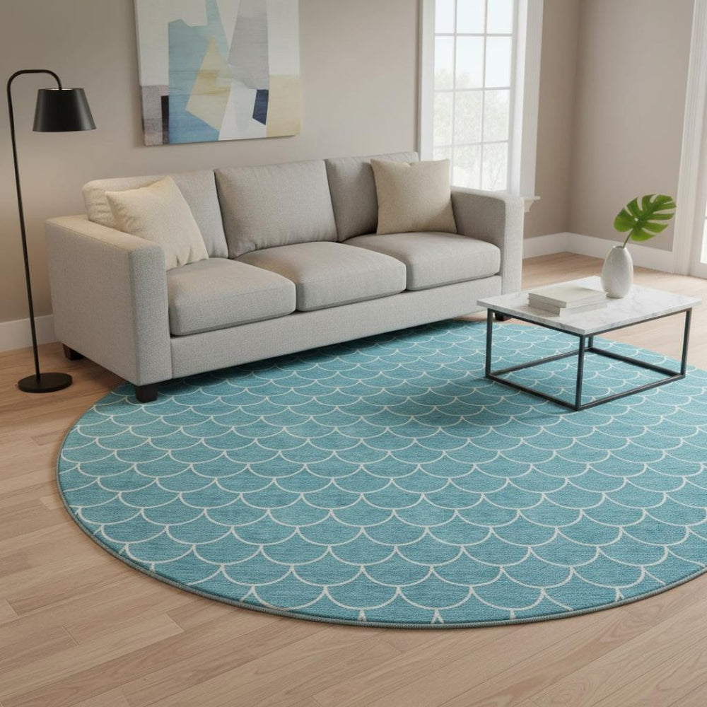 HomeRoots 8' Teal And Ivory Geometric Round Rug – Washable, UV-Protected, Durable for High-Traffic Areas 674194