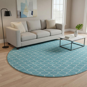 HomeRoots 8' Teal And Ivory Geometric Round Rug – Washable, UV-Protected, Durable for High-Traffic Areas 674194