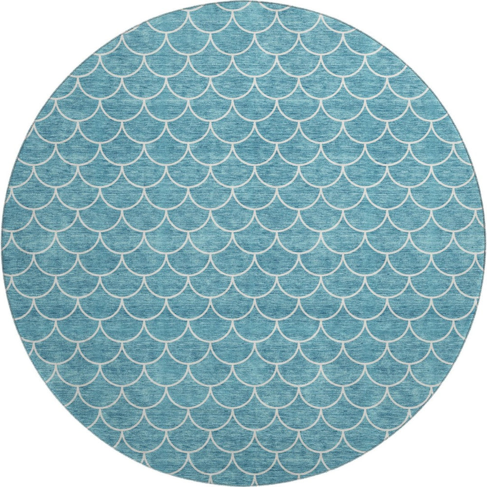 HomeRoots 8' Teal And Ivory Geometric Round Rug – Washable, UV-Protected, Durable for High-Traffic Areas 674194