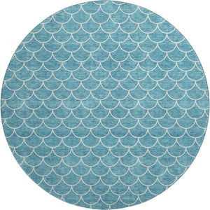 HomeRoots 8' Teal And Ivory Geometric Round Rug – Washable, UV-Protected, Durable for High-Traffic Areas 674194