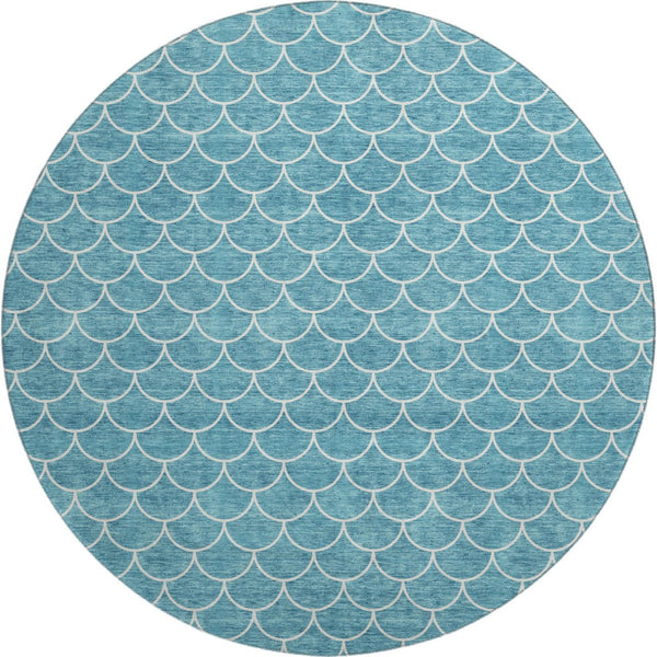 HomeRoots 8' Teal And Ivory Geometric Round Rug – Washable, UV-Protected, Durable for High-Traffic Areas 674194