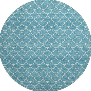 HomeRoots 8' Teal And Ivory Geometric Round Rug – Washable, UV-Protected, Durable for High-Traffic Areas 674194