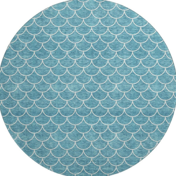 HomeRoots 8' Teal And Ivory Geometric Round Rug – Washable, UV-Protected, Durable for High-Traffic Areas 674194