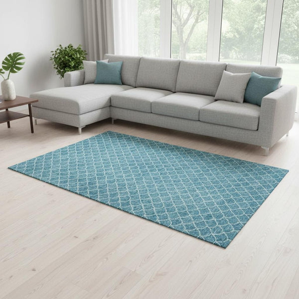 HomeRoots 9' X 12' Teal and Ivory Geometric Area Rug – Washable, UV Protected, and Stain Resistant Design! 674196
