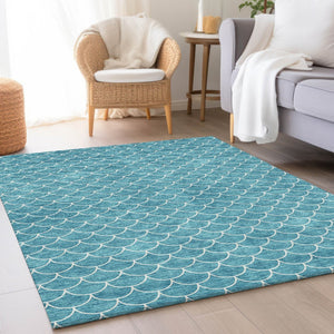 HomeRoots 9' X 12' Teal and Ivory Geometric Area Rug – Washable, UV Protected, and Stain Resistant Design! 674196