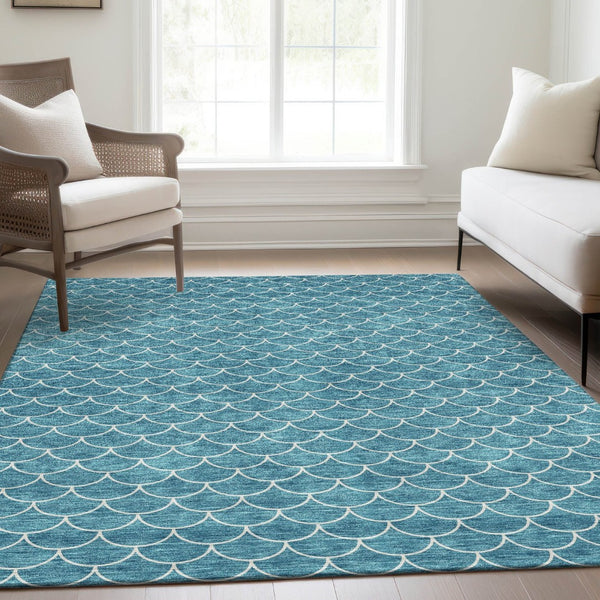 HomeRoots 9' X 12' Teal and Ivory Geometric Area Rug – Washable, UV Protected, and Stain Resistant Design! 674196