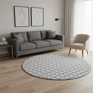 HomeRoots 8' Stylish White and Gray Geometric Washable Round Rug with UV Protection for Modern Homes 674200