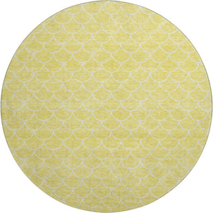 HomeRoots 8' Yellow and Ivory Geometric Round Rug – Washable, UV-Protected, Stylish for High-Traffic Areas! 674206