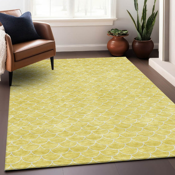 HomeRoots 10' X 14' Yellow & Ivory Geometric Area Rug - Washable, UV Protected, Stain-Resistant for Modern Spaces 674209