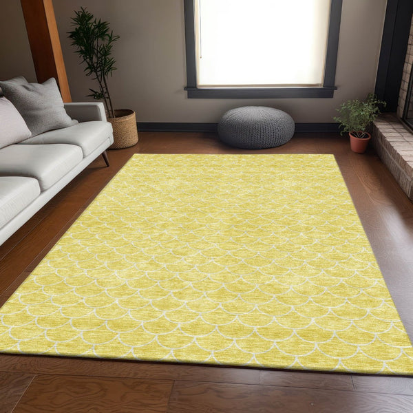 HomeRoots 10' X 14' Yellow & Ivory Geometric Area Rug - Washable, UV Protected, Stain-Resistant for Modern Spaces 674209