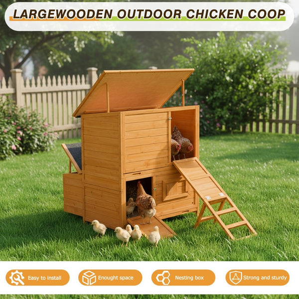 English Elm Chicken Coop Spruce Wood Double House for 8 Birds with Nesting Boxes Flip Roof W3166P436704