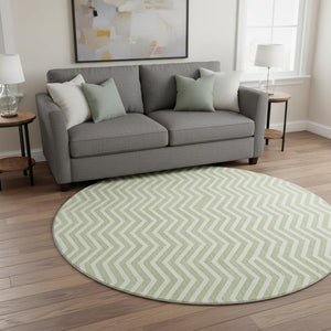 HomeRoots 8' Artichoke Green Chevron Round Rug - Washable, UV-Protected, Stylish, Durable, Easy-Care Design 674212