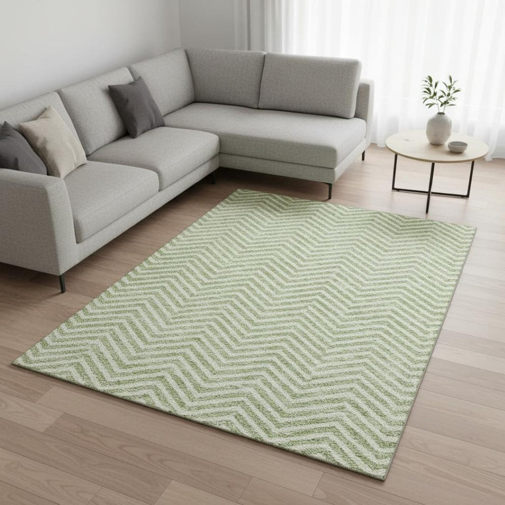 HomeRoots 9' X 12' Artichoke Green Chevron Area Rug – Washable, Stain-Resistant & UV Protected for Easy Care 674214