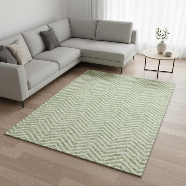 HomeRoots 9' X 12' Artichoke Green Chevron Area Rug – Washable, Stain-Resistant & UV Protected for Easy Care 674214