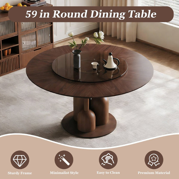 English Elm 59-inch Solid Oak Live Edge Round Dining Table Wabi-sabi Style Seats 8 with Glass Lazy Susan W2700S00135